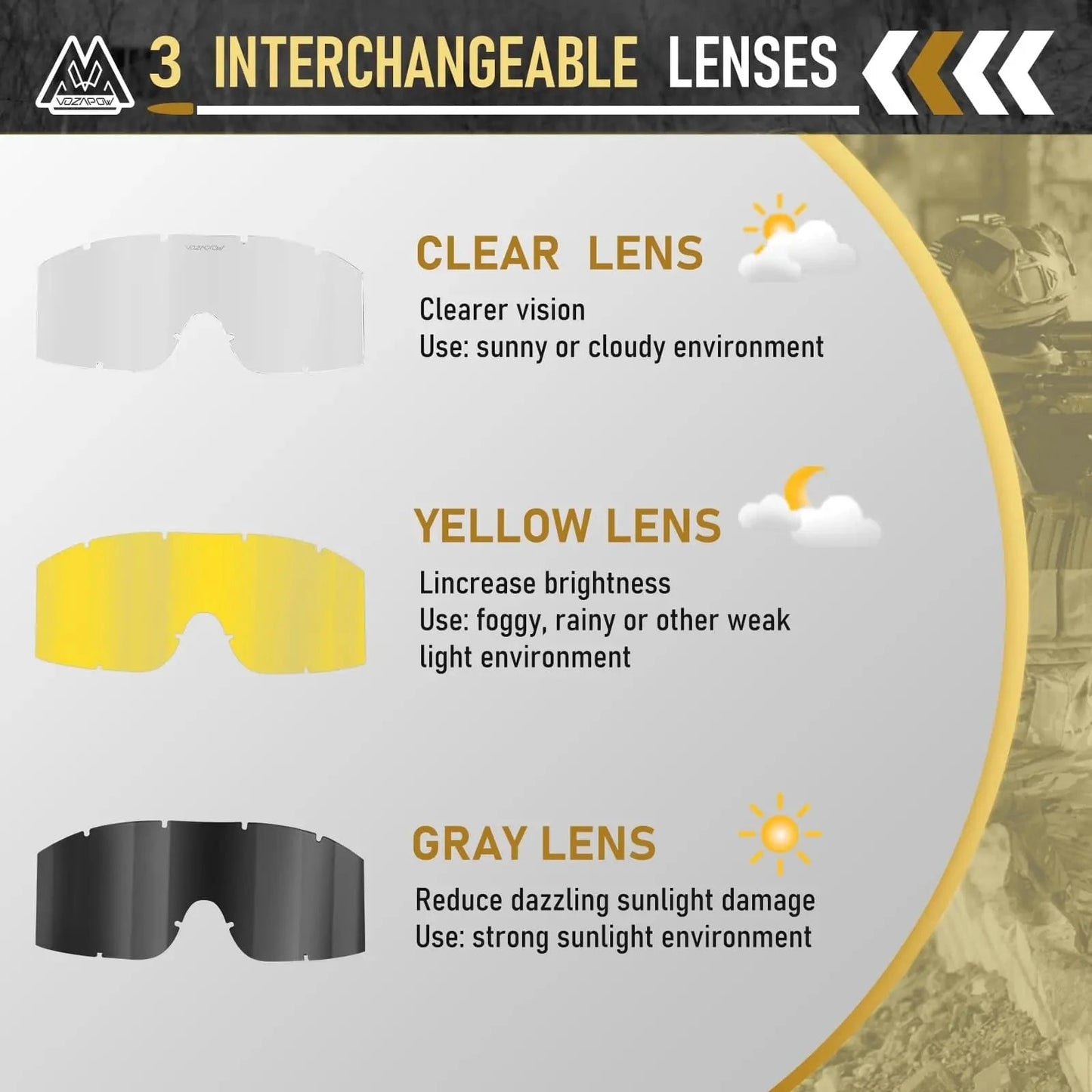 Vozapow Professional Shooting Goggles ANSI Z87.1 Safety Anti Fog Airsoft Tactical Glasses Motorcycle Mountaineering Sunglasses