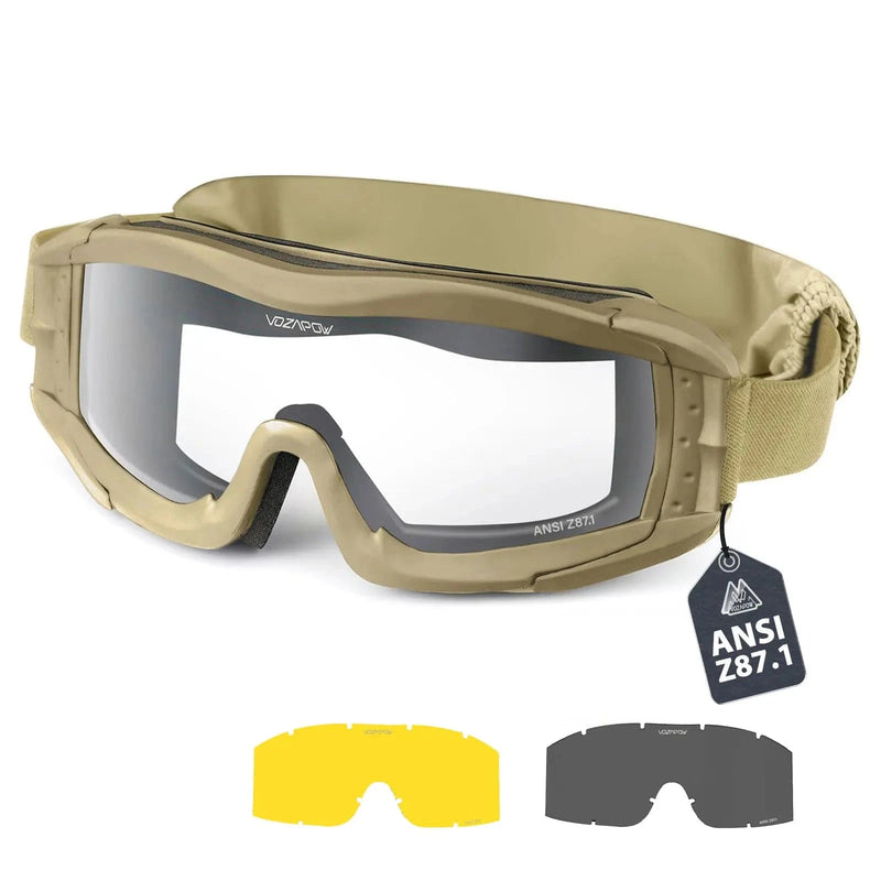 Vozapow Professional Shooting Goggles ANSI Z87.1 Safety Anti Fog Airsoft Tactical Glasses Motorcycle Mountaineering Sunglasses S2-single Layer 3Len