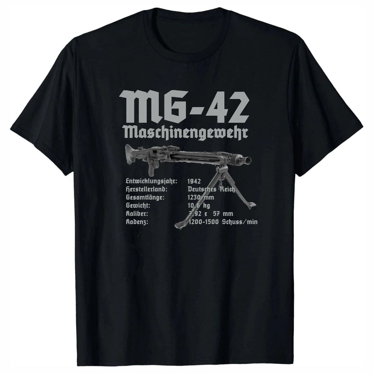 WWII Wehrmacht MG-42 MG42 Machine Gun Infographics T-Shirt 100% Cotton O-Neck Summer Short Sleeve Casual Mens T-shirt Size S-3XL black / S